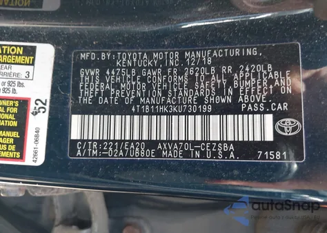 2019 Toyota Camry Se z USA, uszkodzony, nr VIN 4T1B11HK3KU730199
